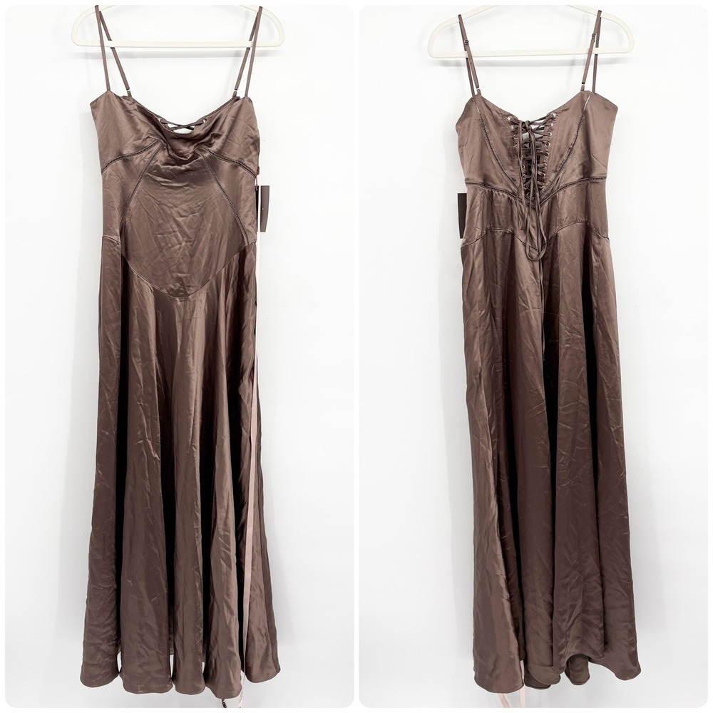 NWT House of CB Womens Anabella Smoke Pebble Grey Satin Corset Maxi Dress Size M - Picture 2 of 8